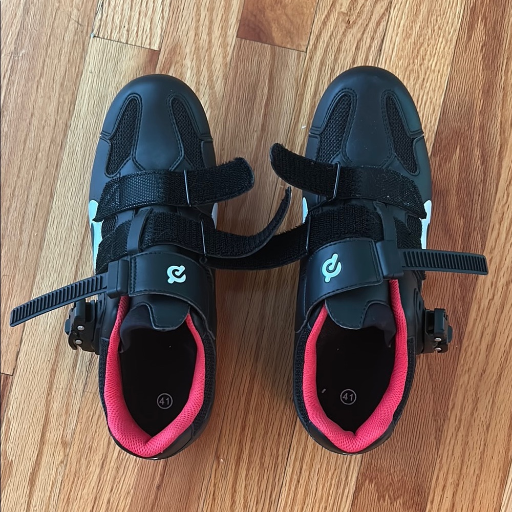 Peloton Black Cycling Shoes with Pink Lining and White Accents
